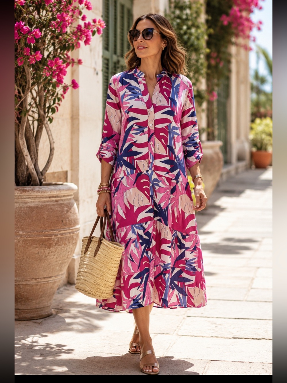 ShopEvelynne Pink Purple Blue Leaf-Print Maxi Dress